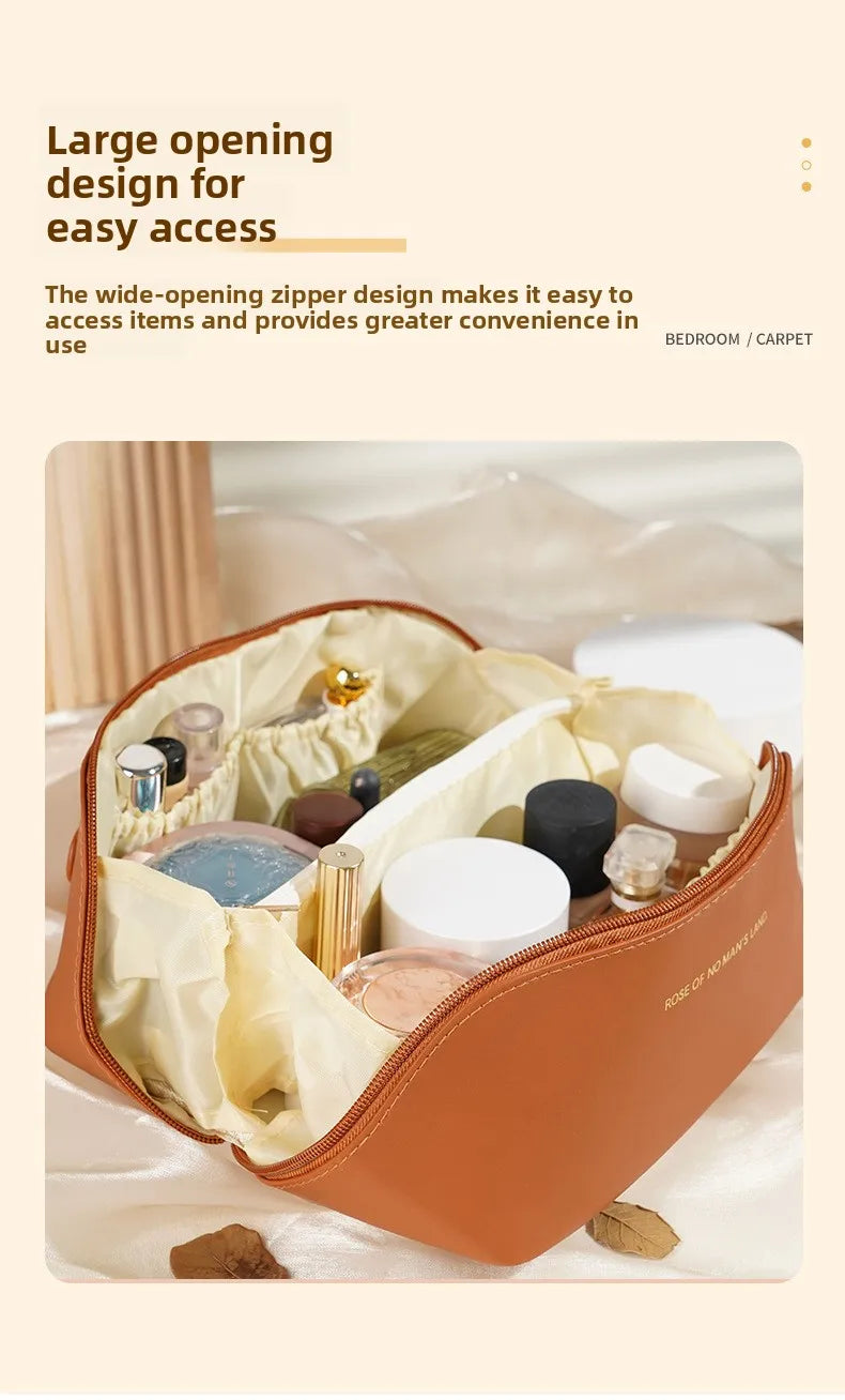 Women Travel Makeup Bag PU Cosmetic Organizer Large Capacity Toiletry Bag Wide Opening Portable Wash Bag