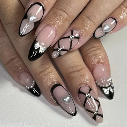 Black Cool Fake Nails Halloween Bat Press on Nails Almond Decorated Nail Tips Rivet Bow False Nails 24pcs Reusable Acrylic Nails