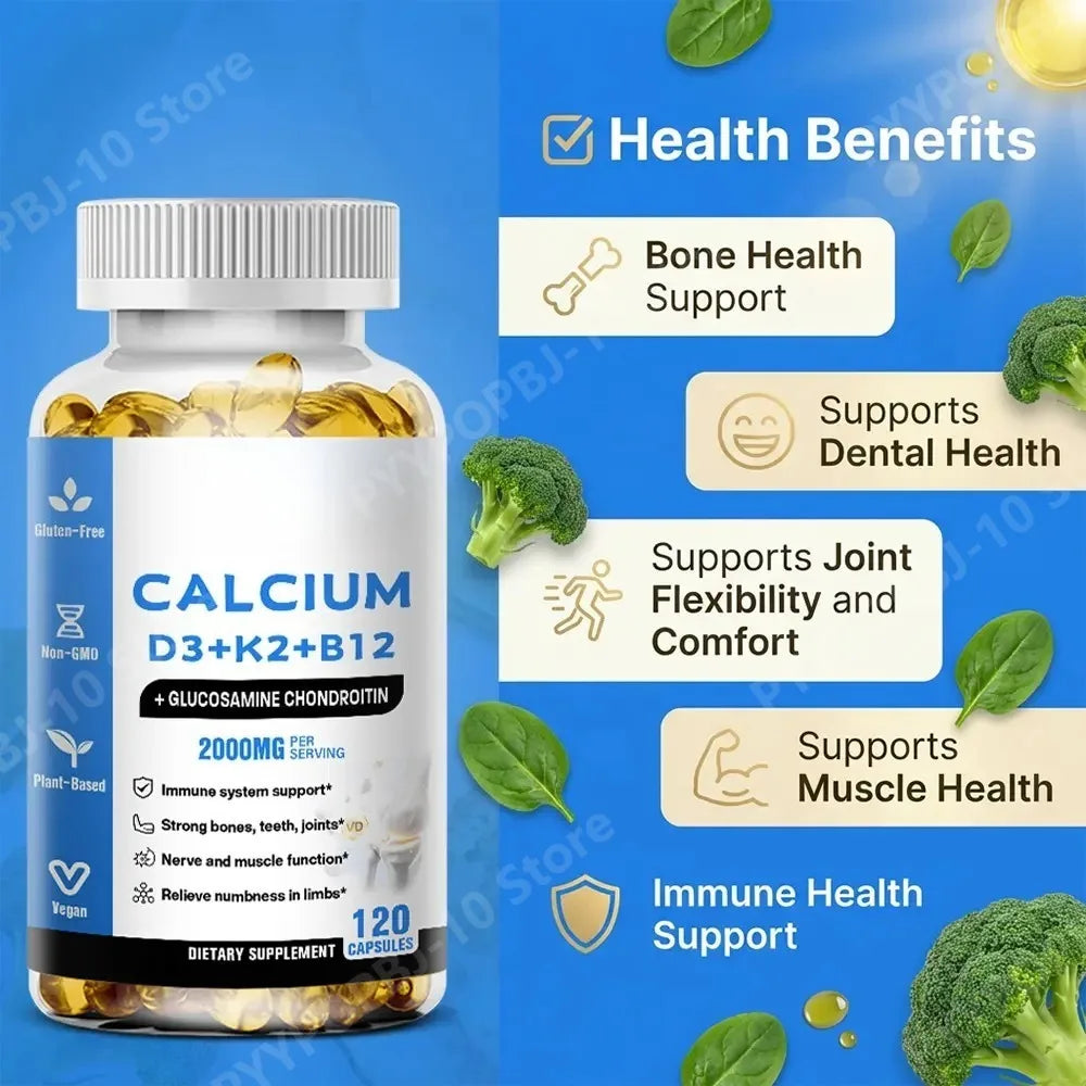Calcium D3 K2 B12 Capsules for Bone, Teeth & Joint Support, Muscle, Immune & Nerve Health, Gluten-Free & Non-GMO, 120 Capsules