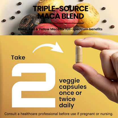 1500mg Organic Maca Root, Black, Red & Yellow - 60 Capsules - Black Maca Root Capsules for Men Supplement - Non-GMO, Gluten-Free