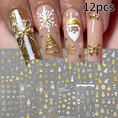 12pcs Gold White Snowflakes Snowman Santa Claus Christmas Nail Stickers Xmas Tree Elk Bow Nail Decals Winter Xmas Nail Supplies