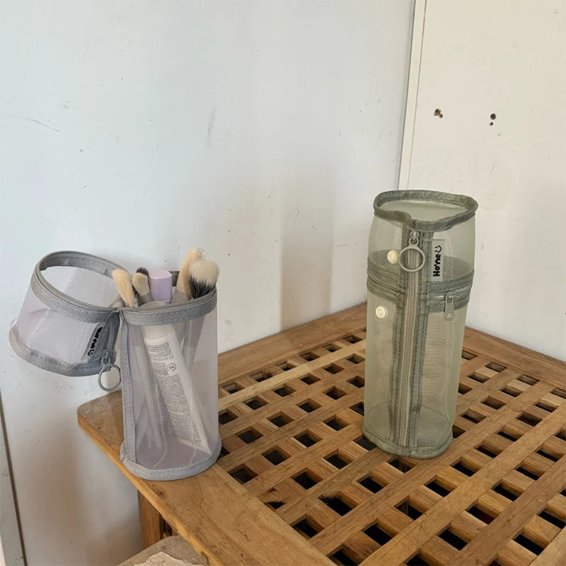 【Mesh Dual-use Makeup Brush Storage Bag Portable Brush Case Large Capacity Brush Bucket Holder Travel Stand-up Pouch】