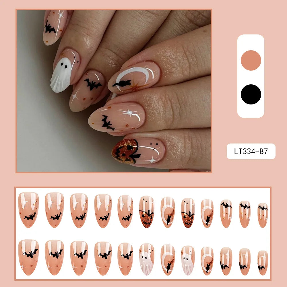 24 Pcs Halloween Nails Press on Bat Ghost Pumpkin Nail Tips Self-adhesive Almond Fake Nails Aesthetic Glued Nails Removable 2025