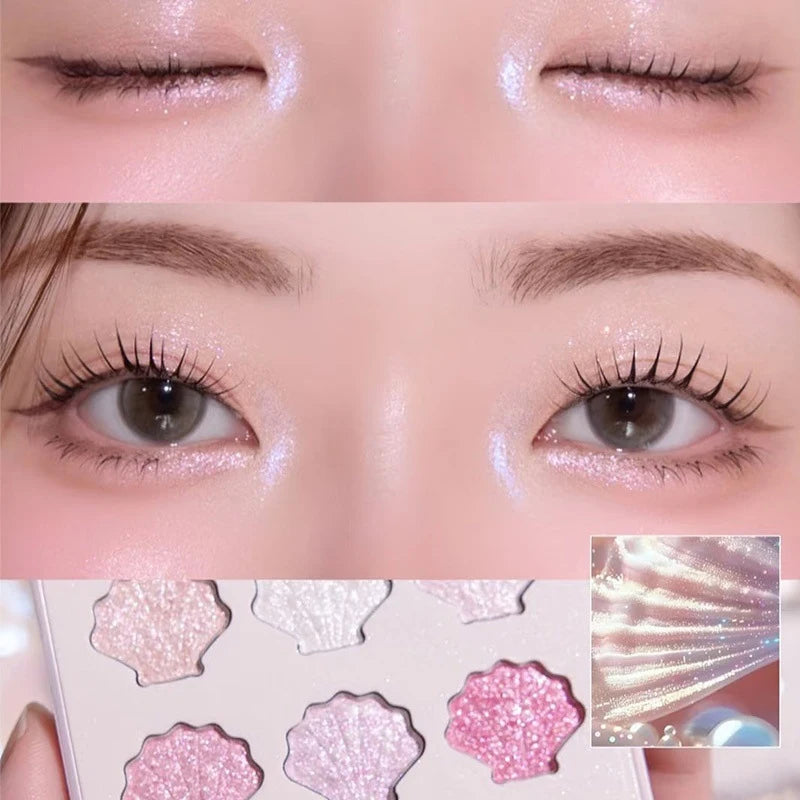 Shell Fairy Pearlescent Eyeshadow Palette Aurora Peach Shimmer Sparkling Sequins Pearl Eyeshadow Highlighter Bright Shiny Makeup