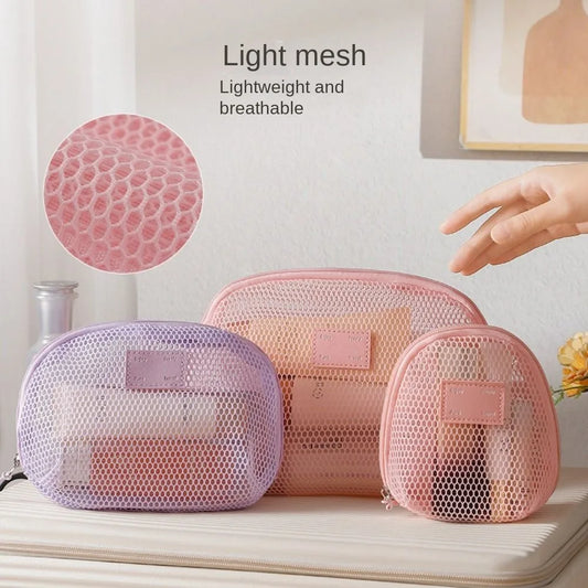 Casual Nylon Cosmetic Bag With Zipper Hand-held Mesh Makeup Bags Multipurpose Mesh Storage Pouch Women