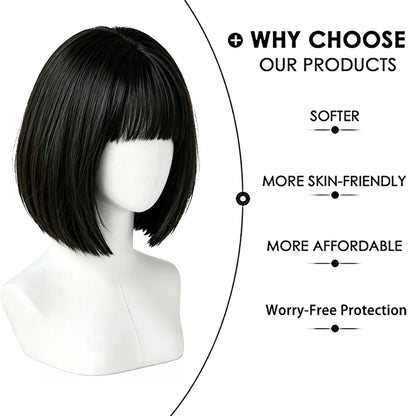 Natural Black Brown Bob Wigs Short Straight with Blunt Bangs Soft Synthetic Hair Heat Resistant For Women Cosplay Daily Wear