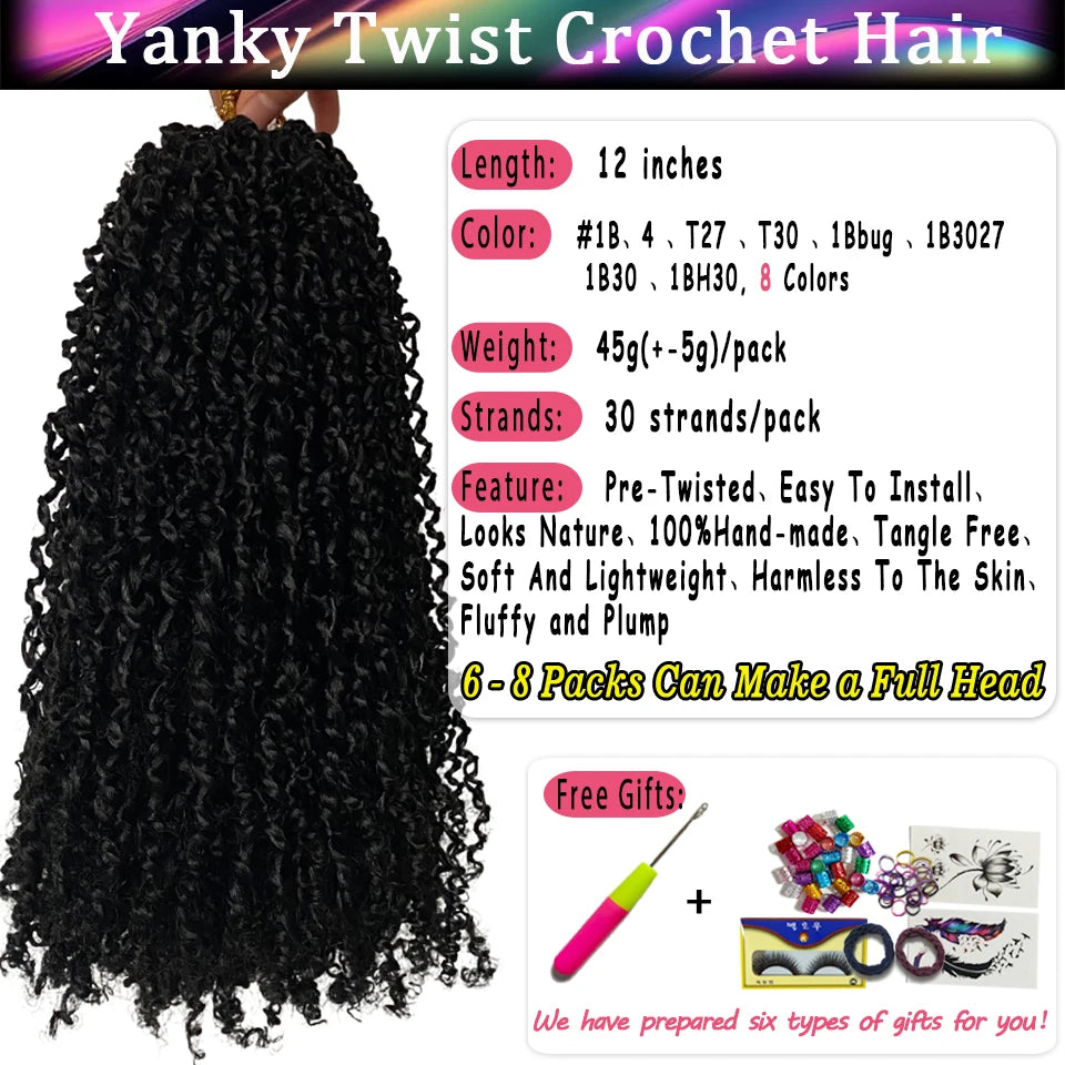 1-6 Packs Yanky Twist Crochet Hair 12"Pre-twisted Natural Black Kinky Mini Spring Twist Small Curly Senegalese Twist Hair Braids