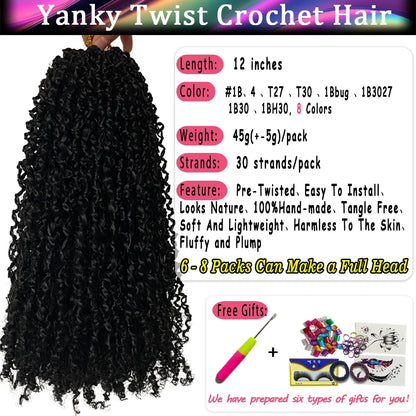1-6 Packs Yanky Twist Crochet Hair 12"Pre-twisted Natural Black Kinky Mini Spring Twist Small Curly Senegalese Twist Hair Braids