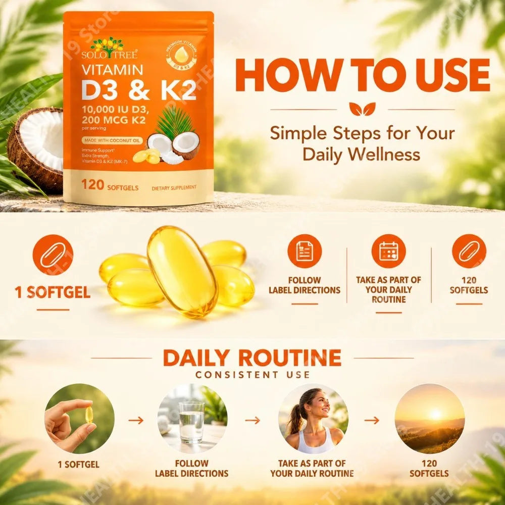 Vitamin D3 10,000 IU & K2 200 mcg Softgels Helps Maintain Healthy Bone Structure Supports Immune Health Strength & Energy 120 Ct