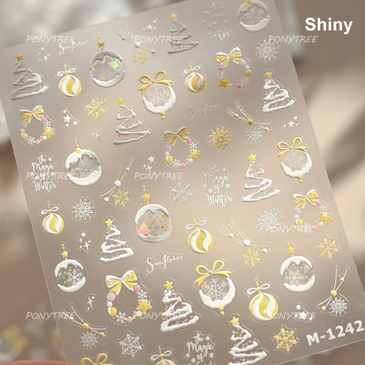Tender Blue Christmas Tree Hanging Ball Ribbon Gold Star Snowflakes Bowknot Ring Adhesive Nail Charms Art Sticker Manicure Decal