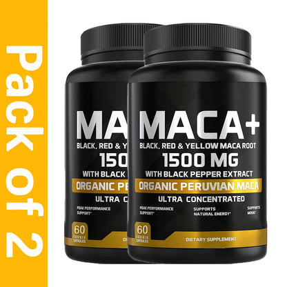 1500mg Organic Maca Root, Black, Red & Yellow - 60 Capsules - Black Maca Root Capsules for Men Supplement - Non-GMO, Gluten-Free