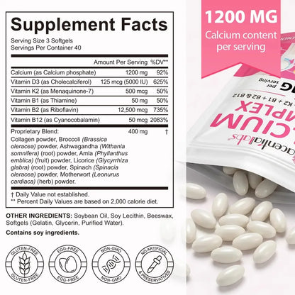 Calcium 1200mg D3 K2 B12 Softgels for Bone Strength, Teeth, Muscle, Heart & Immune Health, Gluten Free & Non-GMO, 120 Softgels