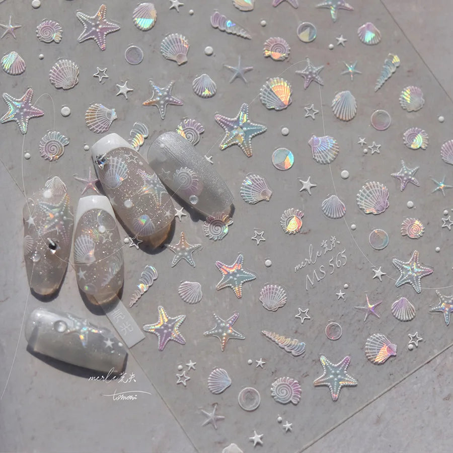 5D Summer Sea Shell Nail Sticker Shiny Embossed Starfish Nails Stickers Summer Beach Wine glass Jellyfish Nail Decals Decoration