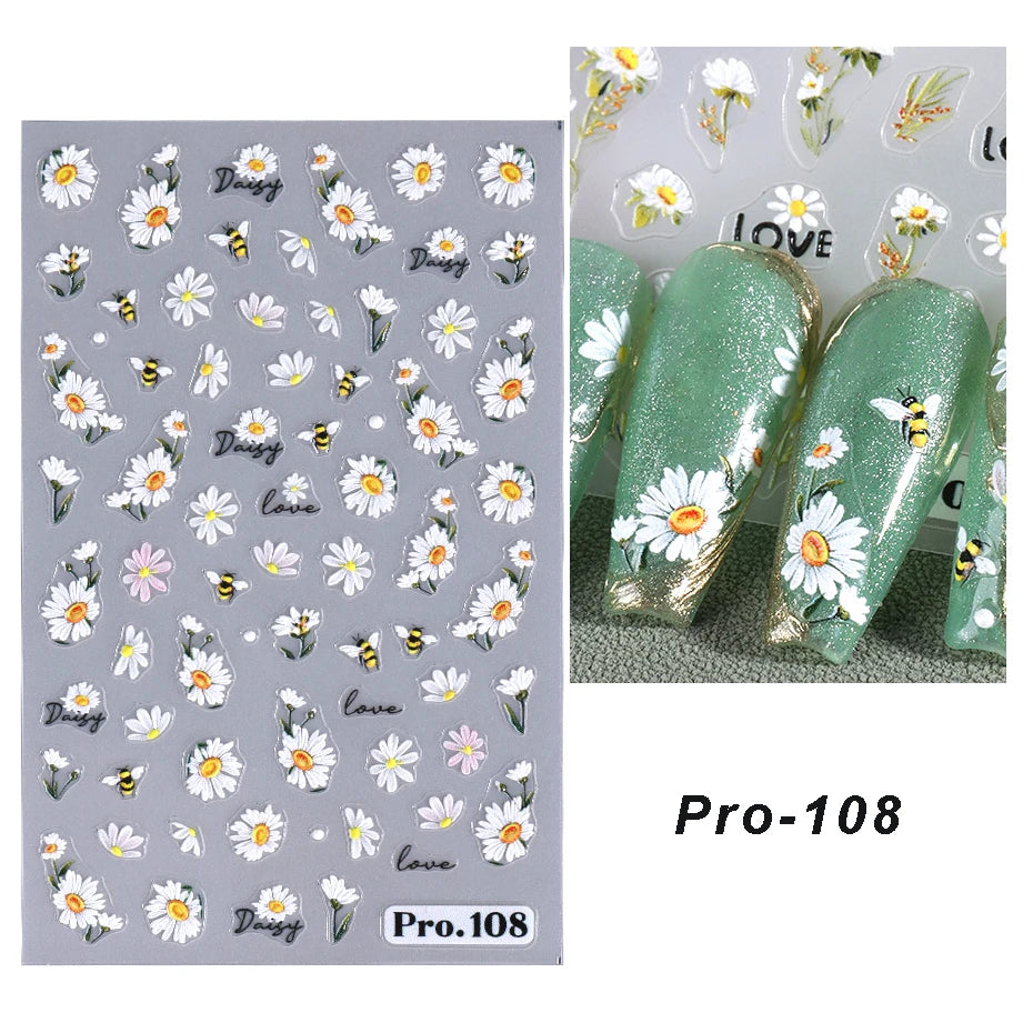 5D Daisy Flower Nail Stickers Cute Bee Blossom Petal Insect Self Adhesive Manicure Decal DIY Spring Summer Nail Art Decoration