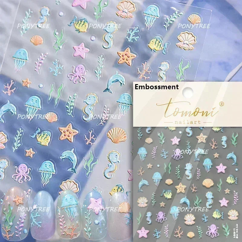 Gold Stamped Shell Conch Scallop Starfish Pearl 5D Embossed Self Adhesive Nail Art Stickers Delicate Ocean Style Manicure Decals