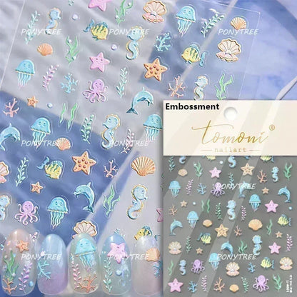 Gold Stamped Shell Conch Scallop Starfish Pearl 5D Embossed Self Adhesive Nail Art Stickers Delicate Ocean Style Manicure Decals