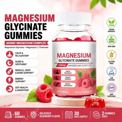 Magnesium Glycinate Gummies Vegan 600mg Magnesium Complex Chewable for Calm Relaxation and Sleep Soothing 60 Gummies