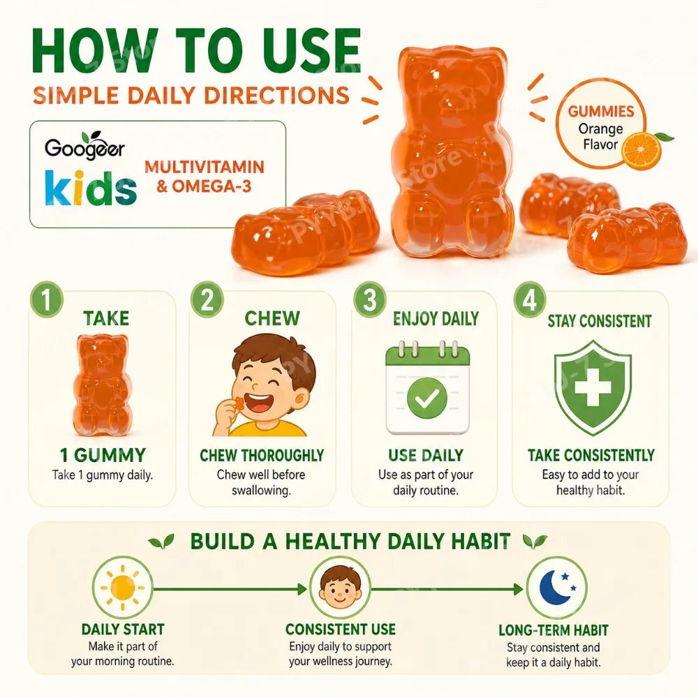 Googeer Kids Multivitamin Omega-3 Gummies with Vitamin C, D3 & Zinc, Supports Growth, Appetite & Metabolism Children, 60 Gummies