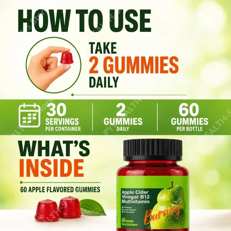 Apple Cider Vinegar B12 Gummies Digestive Comfort Multivitamin Boost Metabolism for Men Women Free Vegan Gluten-Free 60 Gummies