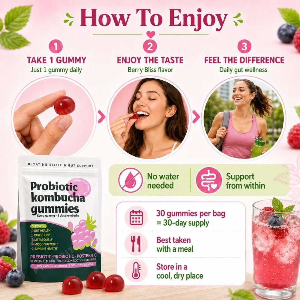 Probiotic Kombucha Gummies Berry 30 Ct Prebiotic Postbiotic Gut Health Digestion Bloating Relief Immune Vegan Non-GMO Supplement