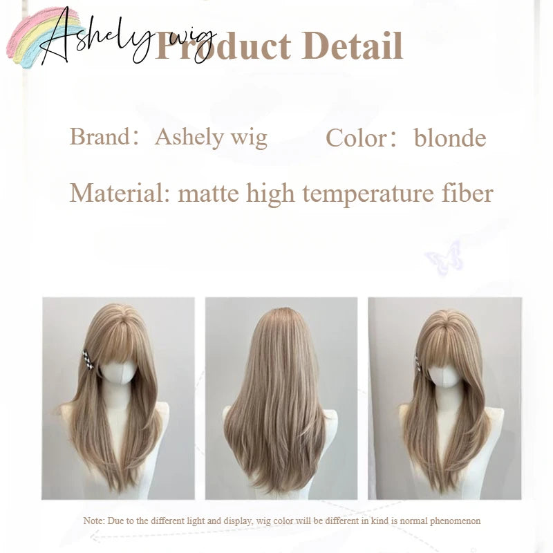 Blonde Wig with Bangs 22inch Medium Straight Hair Wig for Women Soft Natural Heat Resistant Fibers Synthetic Wigs 가발  Peluca