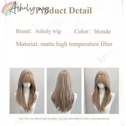 Blonde Wig with Bangs 22inch Medium Straight Hair Wig for Women Soft Natural Heat Resistant Fibers Synthetic Wigs 가발  Peluca