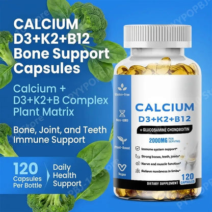 Calcium D3 K2 B12 Capsules for Bone, Teeth & Joint Support, Muscle, Immune & Nerve Health, Gluten-Free & Non-GMO, 120 Capsules