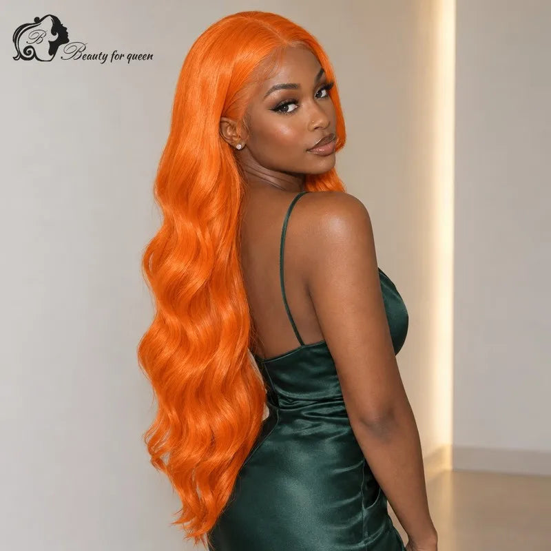 Tangerine Orange Body Wave Wig Long Bleached Knots Voluminous Luxe Glue And Go Bold Soft Brazilian Smooth Deep Parting Lustrous