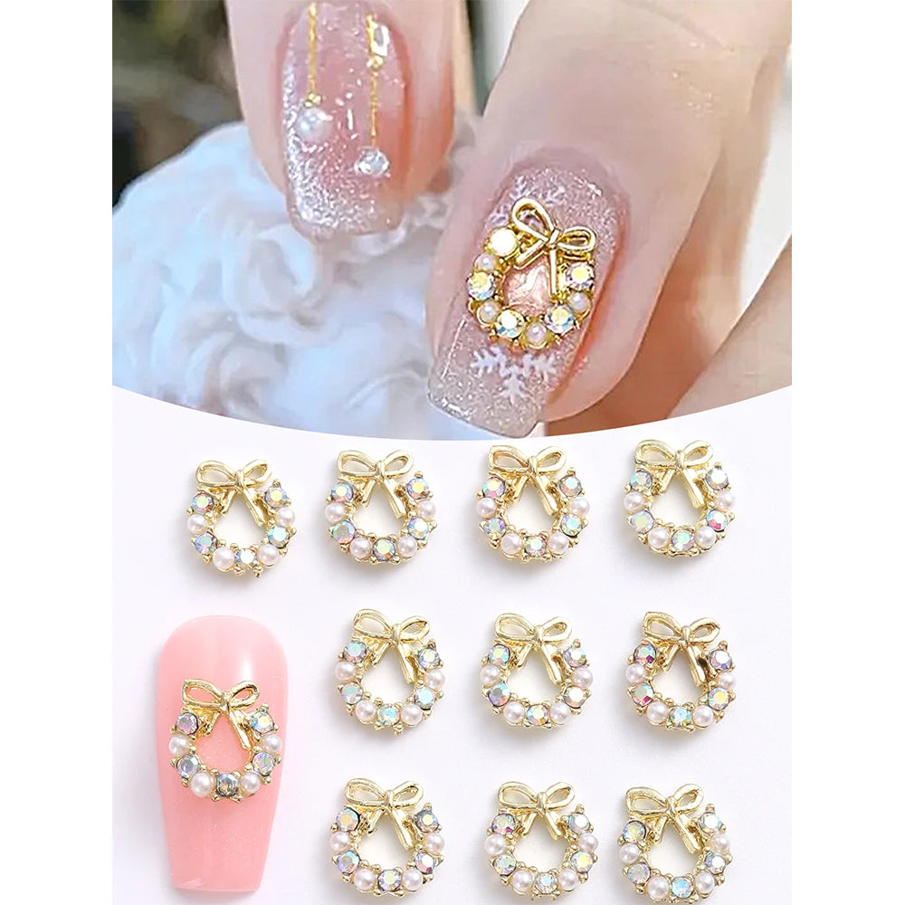 3D Christmas Nail Art Charms; Gold & Silver Bows and Wreaths; Cute Winter Designs for DIY Manicures and Salon Accessories