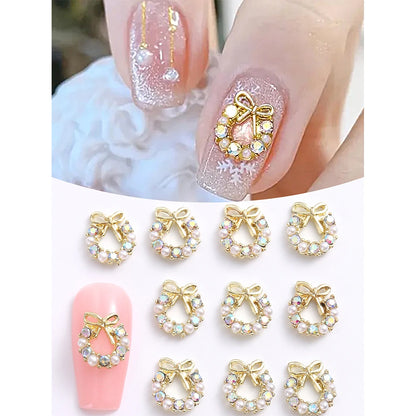 3D Christmas Nail Art Charms; Gold & Silver Bows and Wreaths; Cute Winter Designs for DIY Manicures and Salon Accessories