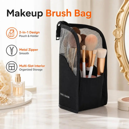 2 in 1 Standing Makeup Brush Bag Portable Travel Cosmetic Case Multi Slot Mesh Lipstick Eyebrow Pencil Holder Organizer Pouch