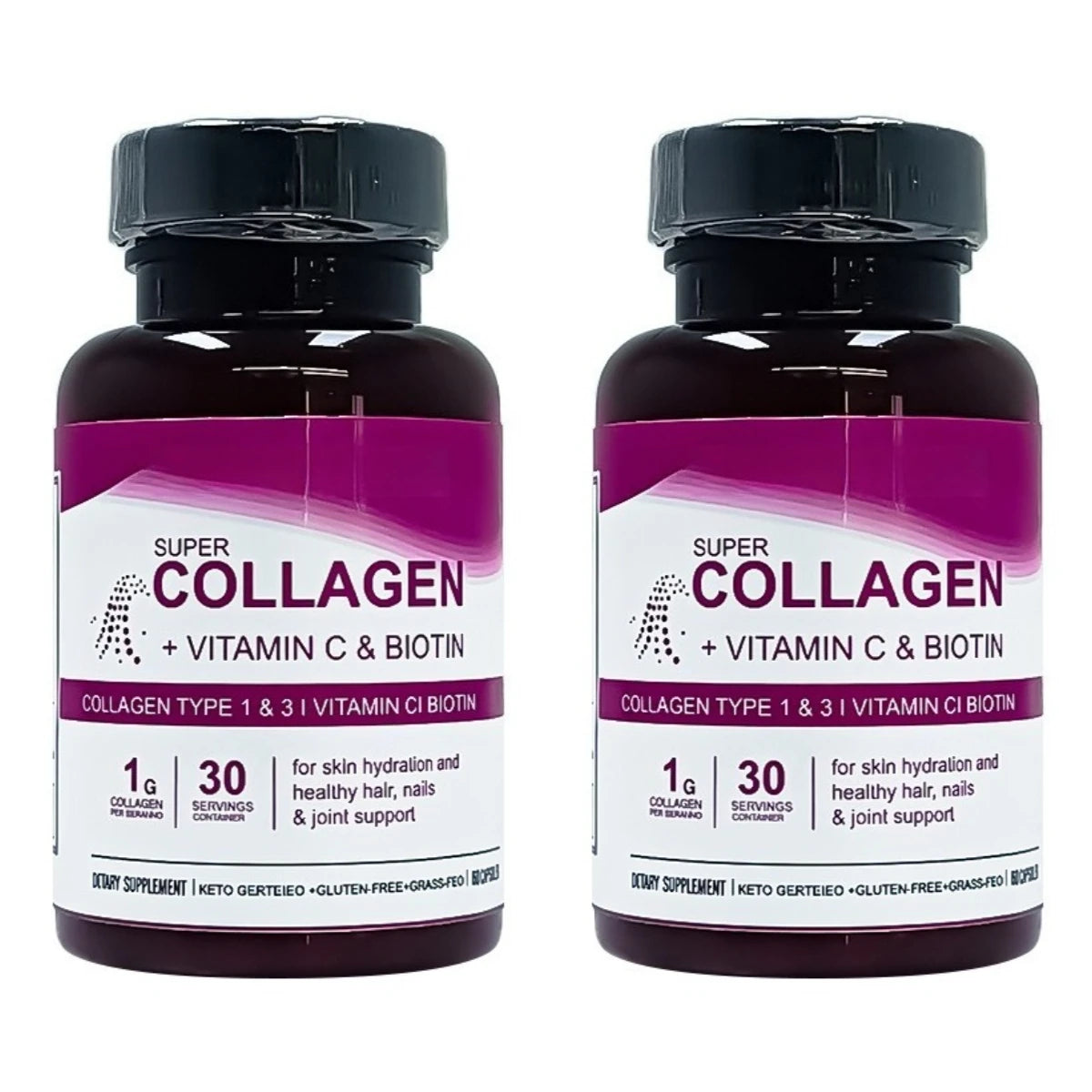 Collagen Capsules for Skin Hydration, Strong Hair & Nails Joint Support, Type 1 &3 Collagen with Vitamin C & Biotin, 60 Capsules