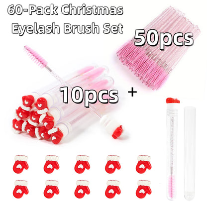 60Pcs Christmas Eyelash Brush with Tube Replaceable Mascara Wand Spoolie Dustproof Lash Tech Supplies Reusable Eyebrow Xmas Gift