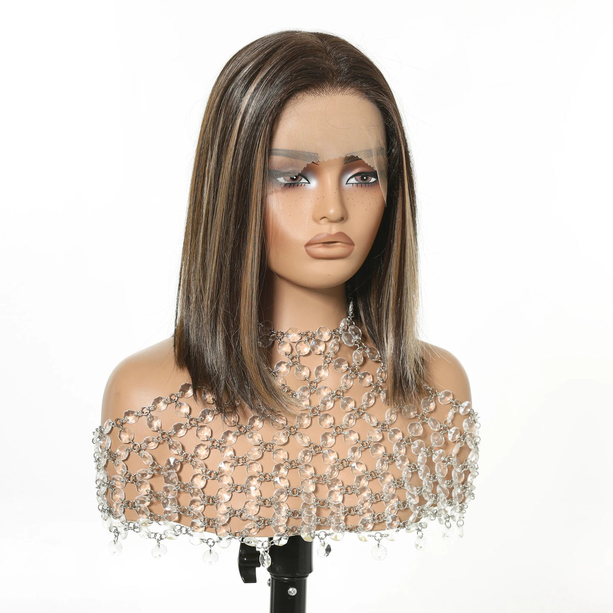 13x6 HD Transparent Lace Front Bob Wig 12" Short Straight Highlight Brown Blonde Synthetic Wigs for Women Glueless Pre Plucked
