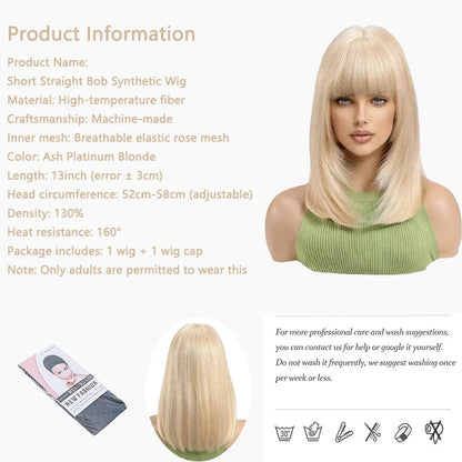 #613 Platinum Blonde Short Bob Wig with Bangs Natural Straight Shoulder Length Wig Heat Resistant Synthetic Daily Wear Full Wig