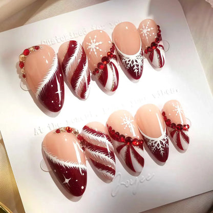 24Pcs Christmas French Fake Nail Tips with Red Diamond Almond Head Wearable Press on Nails Snowflake Xmas Style False Nails Set