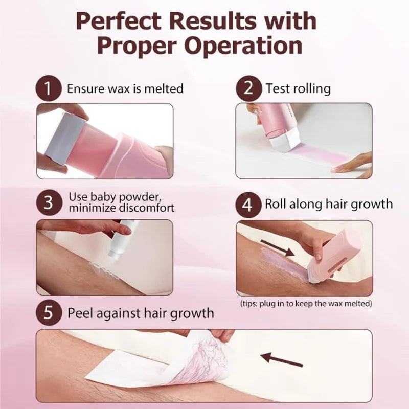 Women Home Hair Removal Kit Roll on Wax Warmer Honey Roller Wax Cartridge 100Pcs Depilatory Wax Strips Body Leg Arm Waxing Set