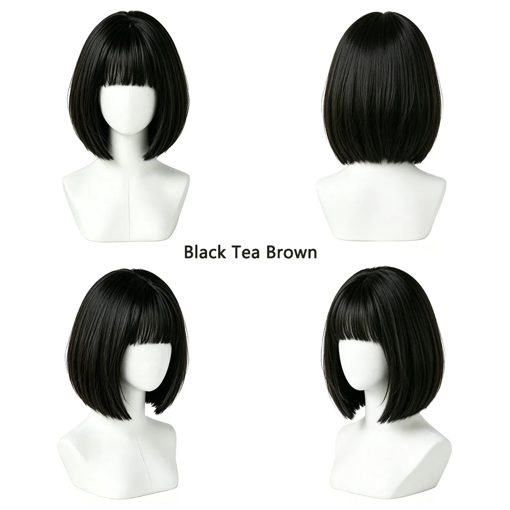 Natural Black Brown Bob Wigs Short Straight with Blunt Bangs Soft Synthetic Hair Heat Resistant For Women Cosplay Daily Wear