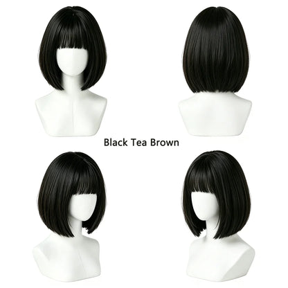 Natural Black Brown Bob Wigs Short Straight with Blunt Bangs Soft Synthetic Hair Heat Resistant For Women Cosplay Daily Wear