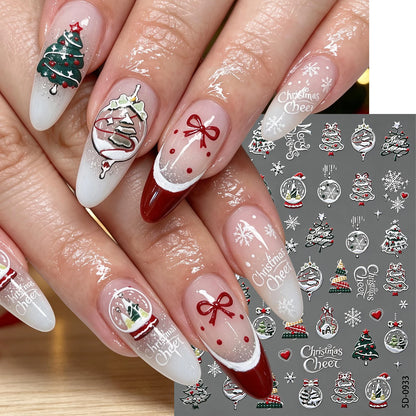 4pcs/set Christmas Snow Globe Snowflake Nail Stickers Round Wreath Polka Dots Merry Christmas Nail Decals Festival Decorations