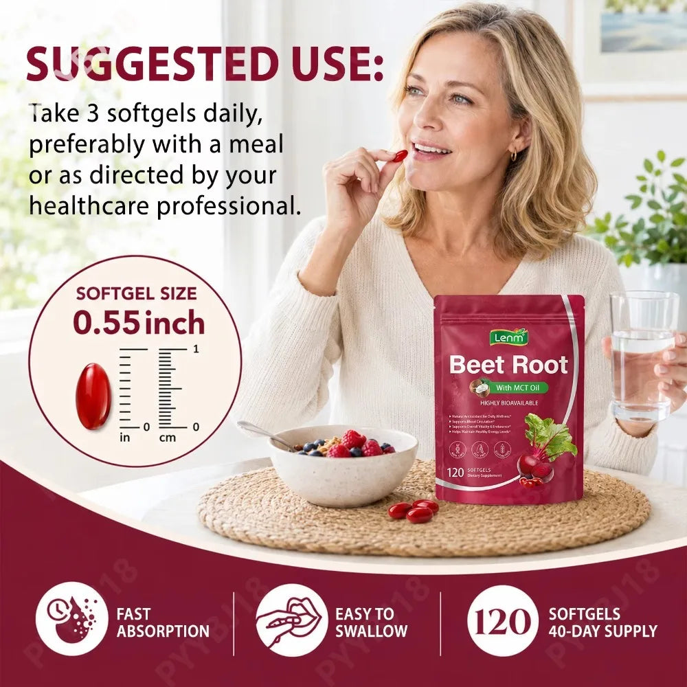 Lenm Beet Root Softgels Natural Antioxidant Supplement for Blood Circulation Vitality & Endurance Support with MCT Oil 120 Count