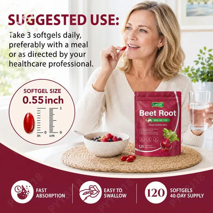 Lenm Beet Root Softgels Natural Antioxidant Supplement for Blood Circulation Vitality & Endurance Support with MCT Oil 120 Count
