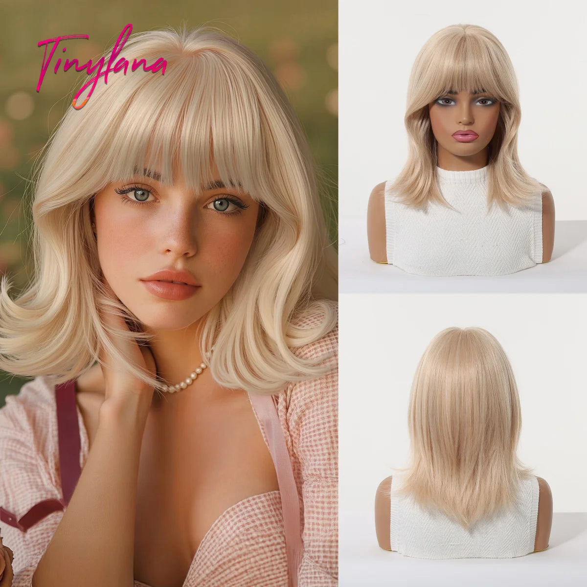 Short Light Pink Wave Synthetic Wigs with Bangs Rose Gold Lolita Natural Hair Wigs for Women Cosplay Daily Party Heat Resistant