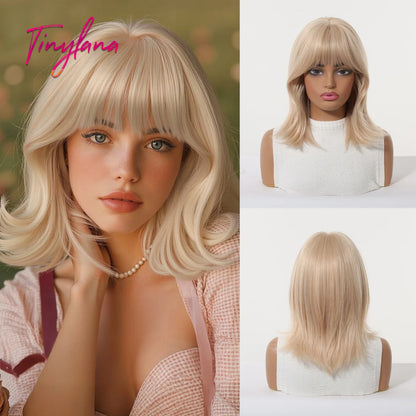 Short Light Pink Wave Synthetic Wigs with Bangs Rose Gold Lolita Natural Hair Wigs for Women Cosplay Daily Party Heat Resistant