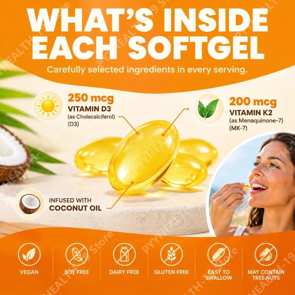 Vitamin D3 10,000 IU & K2 200 mcg Softgels Helps Maintain Healthy Bone Structure Supports Immune Health Strength & Energy 120 Ct