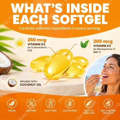 Vitamin D3 10,000 IU & K2 200 mcg Softgels Helps Maintain Healthy Bone Structure Supports Immune Health Strength & Energy 120 Ct