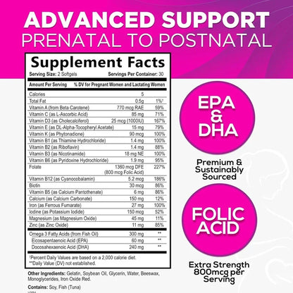 Female Prenatal Multivitamin Containing Folic Acid, Omega 3, Vitamin D3, B6, B12, and Iron DHA, Non GMO-60 Soft Capsules