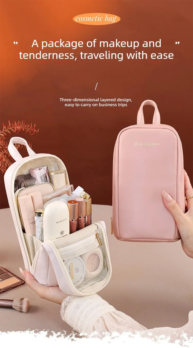 Stand-Up Flap Cosmetic Pouch Portable for Business Trips Makeup Bag Medicine Storage Pouch PU Makeup Brush Storage Cosmetic Bags