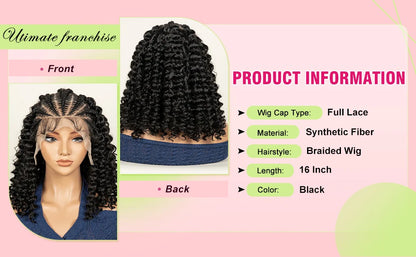 Cornrow Braided Curly Hair Wig Deep Wave Synthetic Hair Wigs with Baby Transparent 13x6 Lace Frontal 16in Hair Fits Black Women