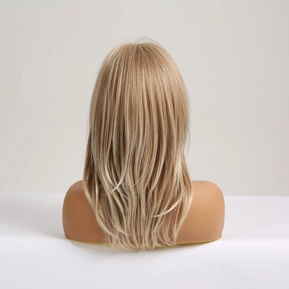 Synthetic Long Blonde Layered Wigs for Women Wig with Bangs Natural Looking Straight High Temperature Hair for Daily Christmas